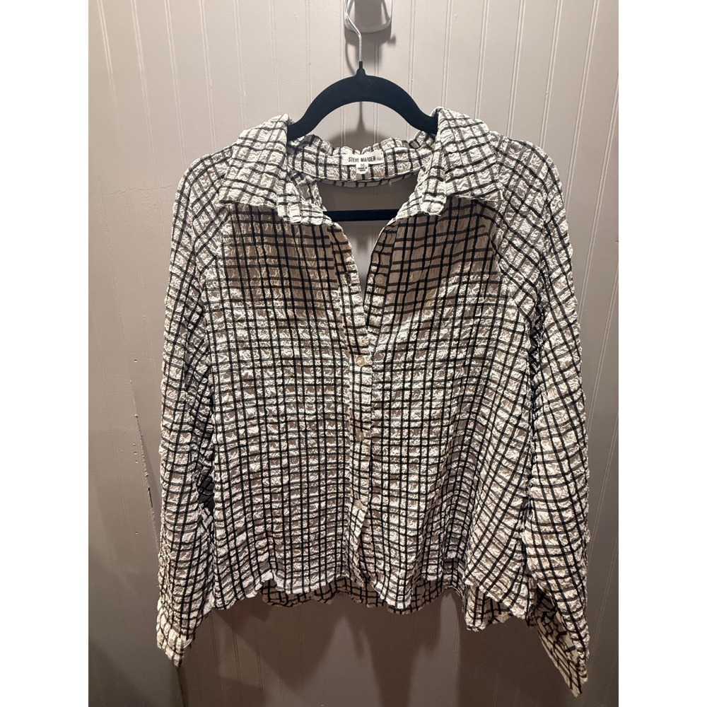 Steve Madden Women Black‎ White Grid Plaid Textured Back Cutout Button Down M